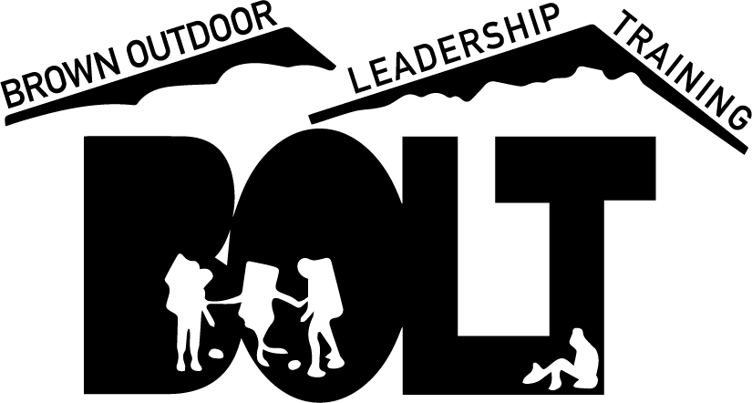 The Brown Outdoor Leadership (BOLT) Logo with silhouettes of people backpacking inside of the letters.